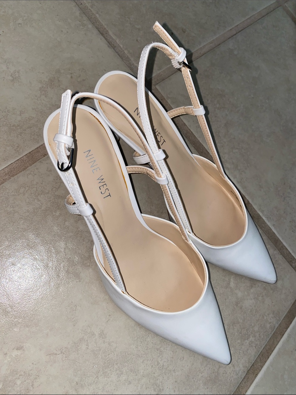 Nine West White Pointed Toe Slingback Flats with Adjustable Strap
